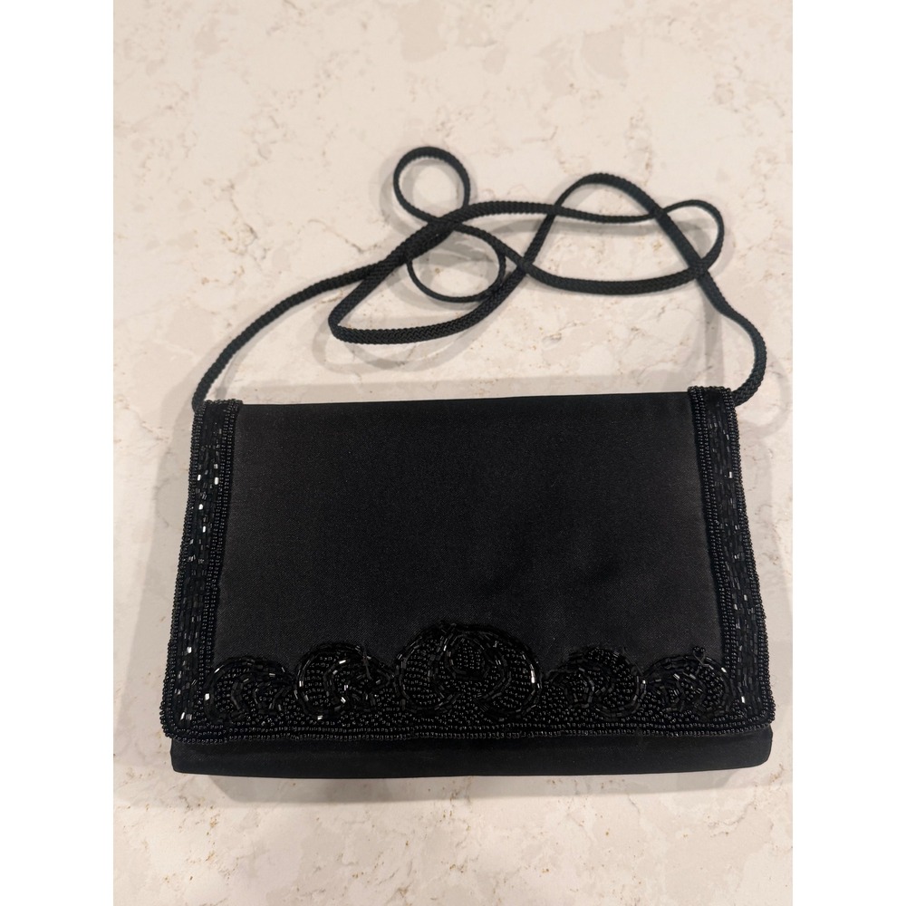 Vintage La Regale Black Satin Beaded Evening Clutch Crossbody‎ Bag Formal Glam